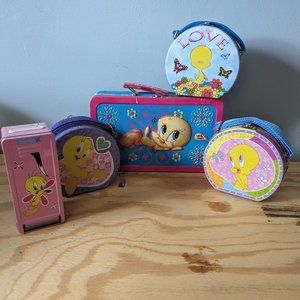 Vtg Warner Bros Tweety Lot of 5 Tin Lunch Box Purse
